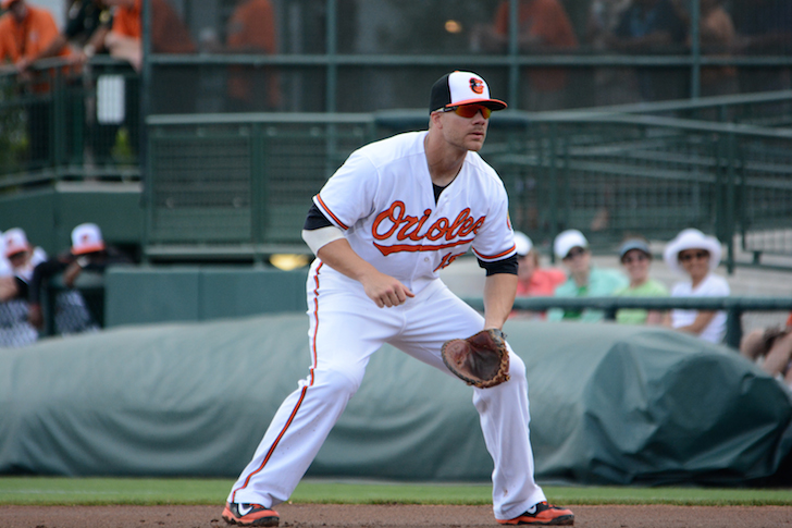 orioles player hunched waiting to catch baseball