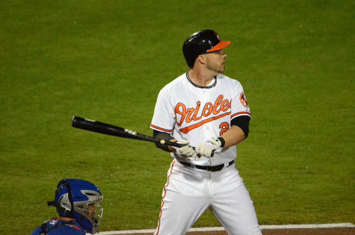 orioles ball player holding bat back with catcher behind him