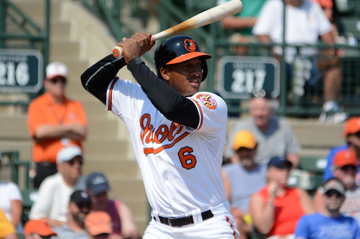 baltimore oriole up to bat arms holding bat behind head