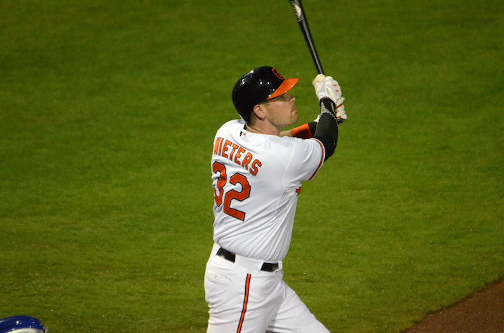 baltimore orioles wieters holding bat up looking to see where baseball went