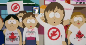 cartoon characters wearing blame canada t-shirts