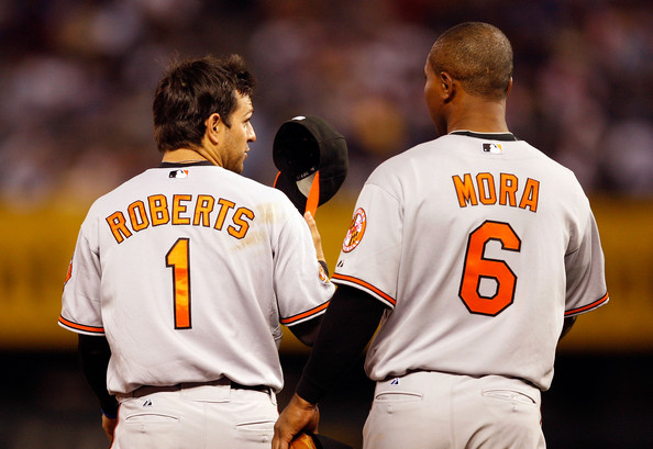 back to shot of orioles team members roberts and mora