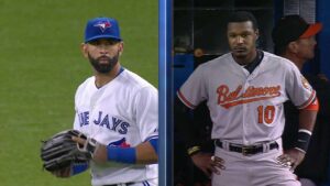 side by side pictures of orioles and blue jays players