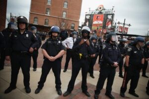 police force guarding camden yards street area