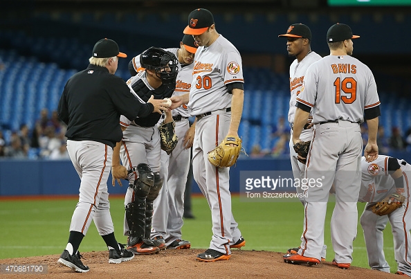 orioles team members with catcher and manager on mound
