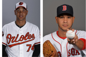 photos side by side of eduardo rodriguez in orioles and red sox jerseys