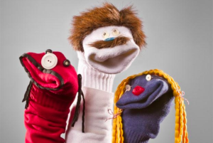 blue white and red sock puppets