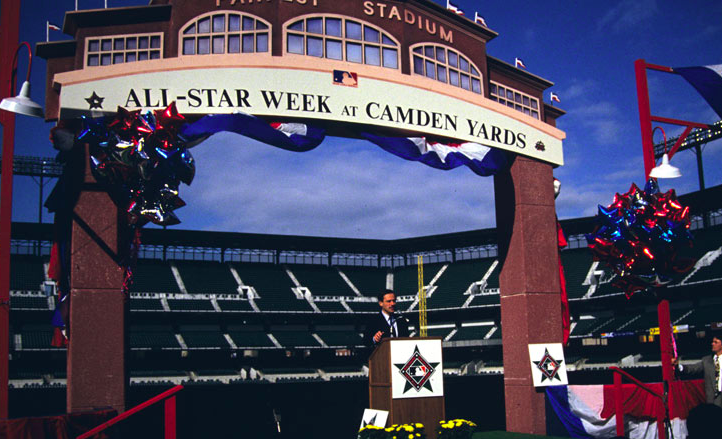 camden yards entrance with patriotic decorations and empty stadium