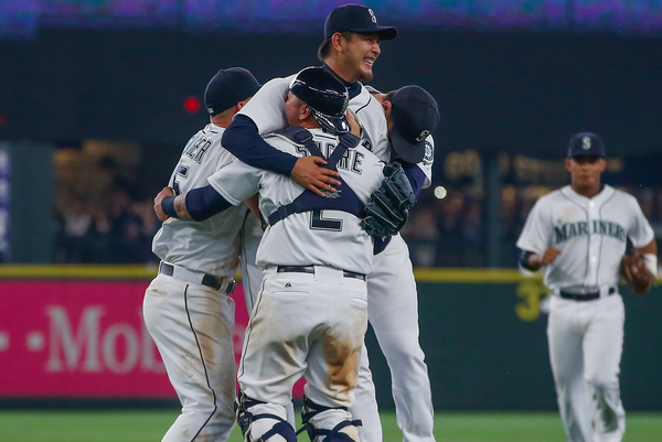 Hisashi Iwakuma celebrates after tossing a no-hitter vs. the Baltimore Orioles