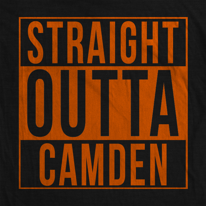 close up of oriole black and orange straight outta camden shirt