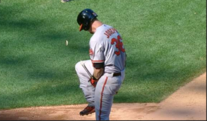 baltimore oriole Caleb Joseph breaks bat after striking out