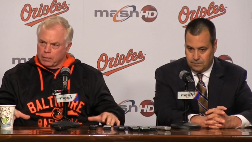 dan duquette and buck showalter sitting at press conference