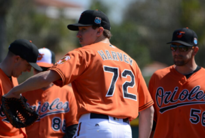 Hunter Harvey throws as Darren O'Day watches.