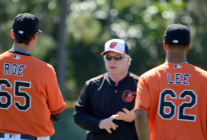 Buck Showalter talks to Roe and Lee.