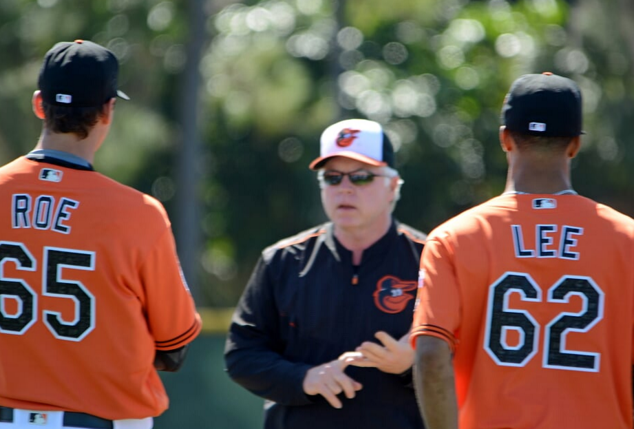 Buck Showalter talks to Roe and Lee.