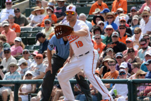 Chris Davis covers first base and waits for a throw.