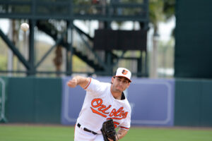 Miguel Gonzalez throws a pitch in spring training.