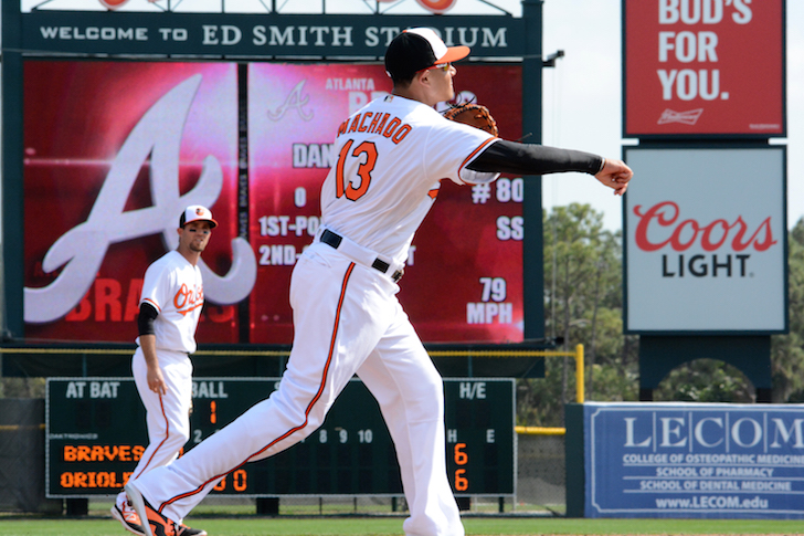 Manny Machado throws in a game in Sarasota.