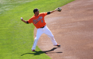 J.J. Hardy throws a baseball.