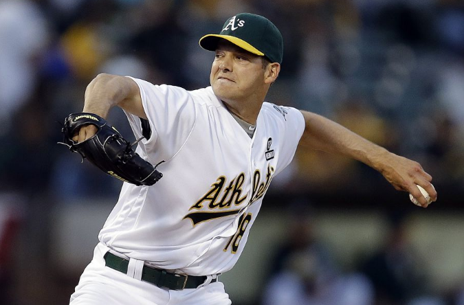 Rich Hill of the Oakland Athletics pitches.