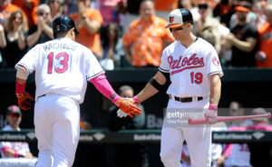 Chris Davis and Manny Machado give a low five after Machado's home run.