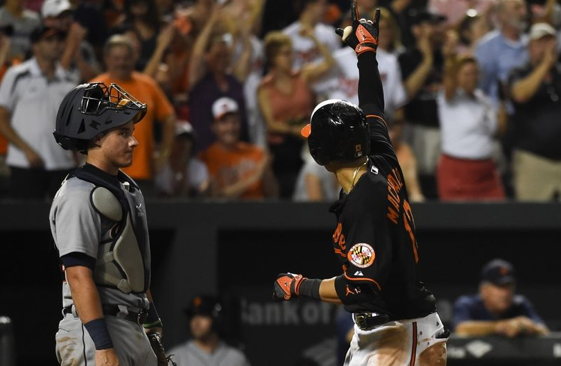 Manny Machado points after homering against the Tigers.