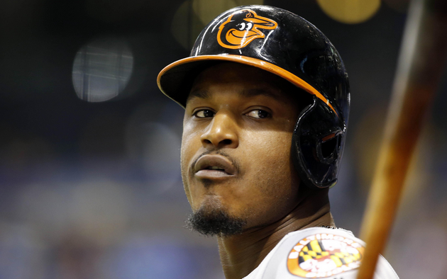 Adam Jones looks on while in the on-deck circle.