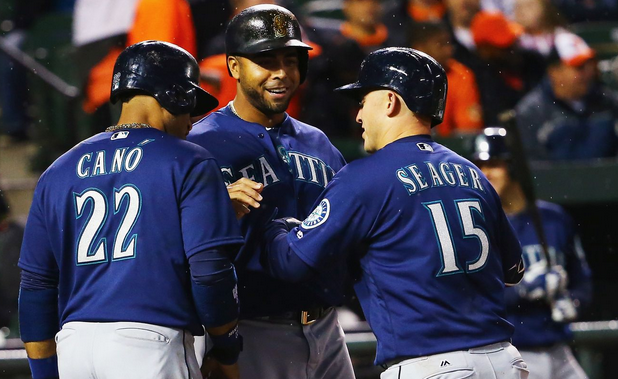 Seattle Mariners players celebrate during their win.
