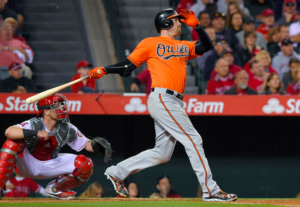 Matt Wieters follows through on his swing as the Angels catcher watches from his crouch.