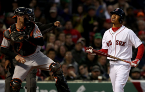 Matt Wieters prepares to throw to third after a Red Sox player strikes out.