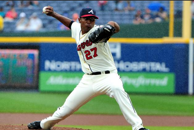 Julio Teheran of the Braves pitches from the mound.