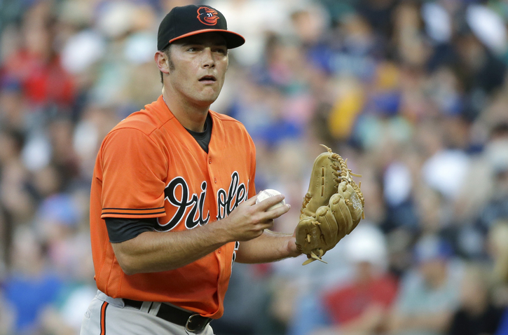 Tyler Wilson holds a baseball and looks confused.