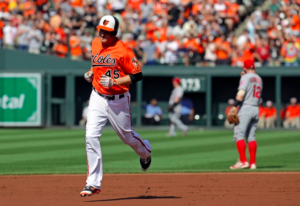 Mark Trumbo rounds the bases against the Angels.