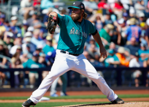 Wade Miley of the Mariners prepares to pitch.