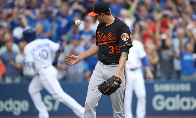 Orioles pitcher Kevin Gausman tosses a baseball to himself. A Blue Jays player circles the bases behind him.