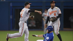 J.J. Hardy throws as Russell Martin slides into him and Jonathan Schoop watches.