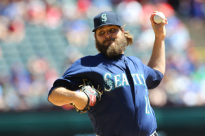 Wade Miley of the Mariners pitches.