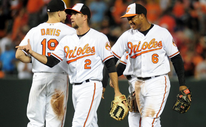 Orioles players congratulate each other after a win.