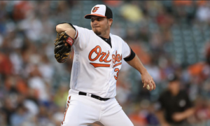 Wade Miley of the Orioles prepares to pitch.