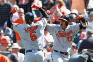 Jonathan Schoop and Manny Machado of the Orioles celebrate a home run.