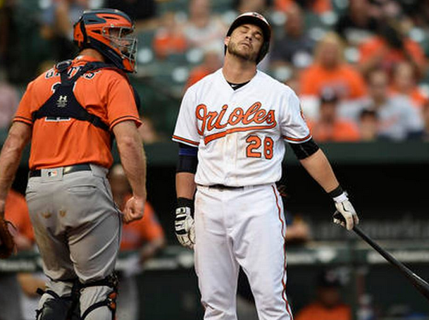 O's Steve Pearce reacts to a called third strike.