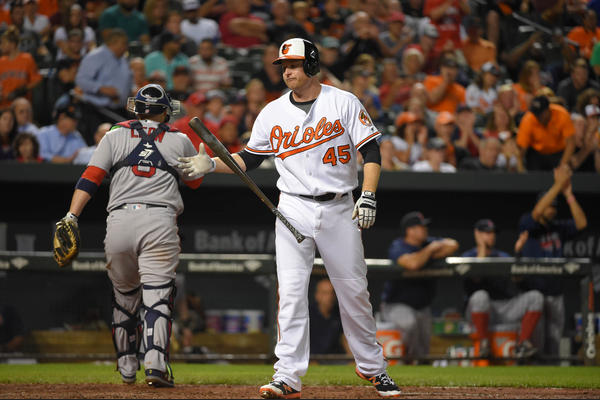 Mark Trumbo walks to the dugout after striking out.