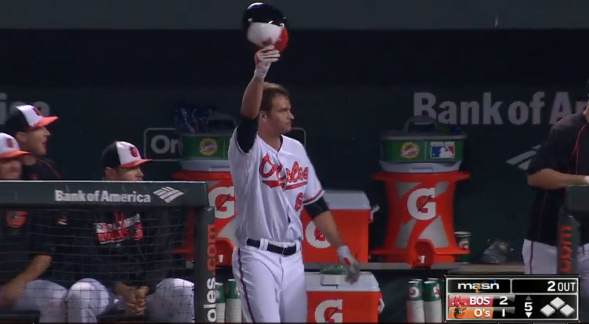 Trey Mancini tips his cap to the crowd.