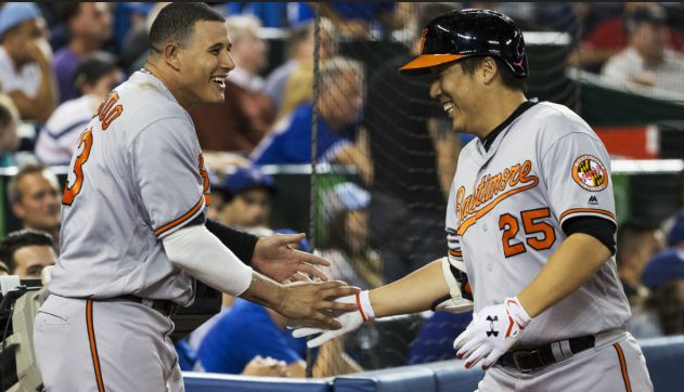 Manny Machado and Hyun Soo Kim celebrate a home run.