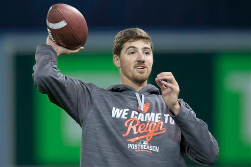 Kevin Gausman of the Orioles throws a football.