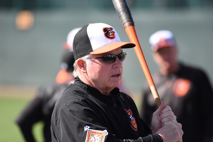Buck Showalter holds a bat in Spring Training.