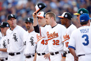 Matt Wieters tips his hat in the line at the All-Star Game introductions.