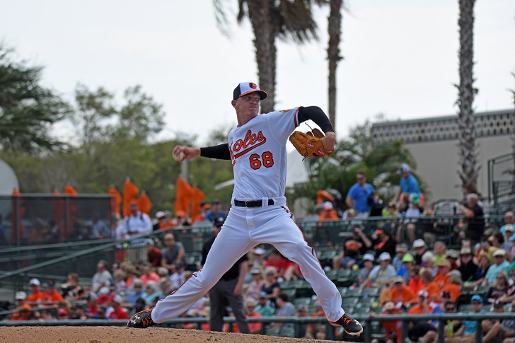 Parker Bridwell of the Orioles pitches.