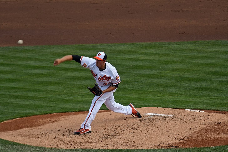 Kevin Gausman of the Orioles pitches on the mound.