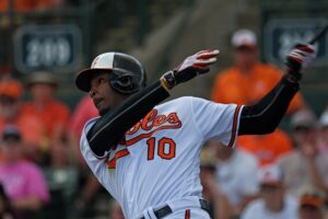 Adam Jones follows through on his swing.